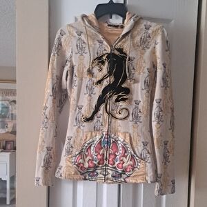 Christian Audigier Beige Hoodie with Black Lion and Crown Design